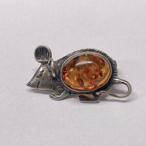 Vintage Sterling Silver and Amber Mouse Pin
